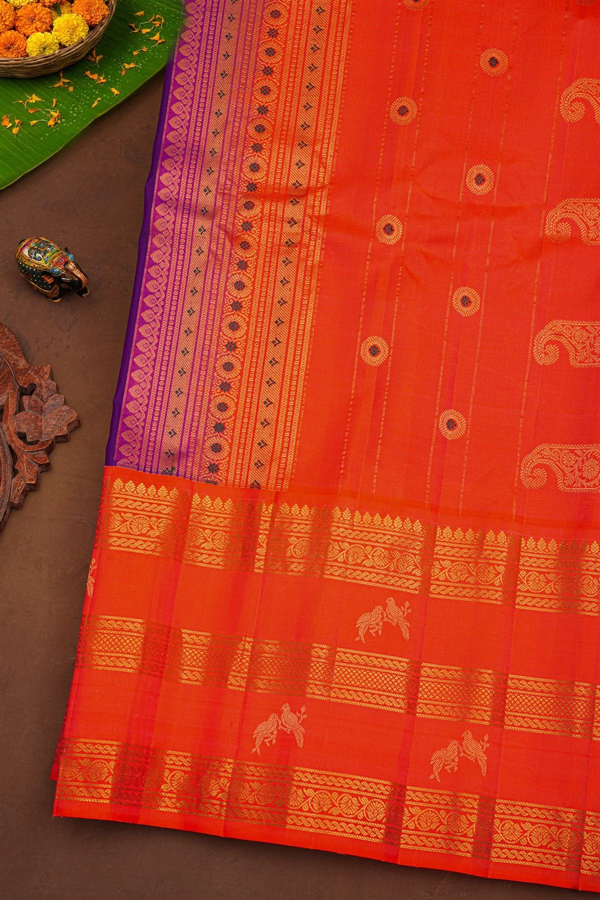 Gadwal Silk Violet Saree With Buttis Body And Birds And Florals Contrast Border