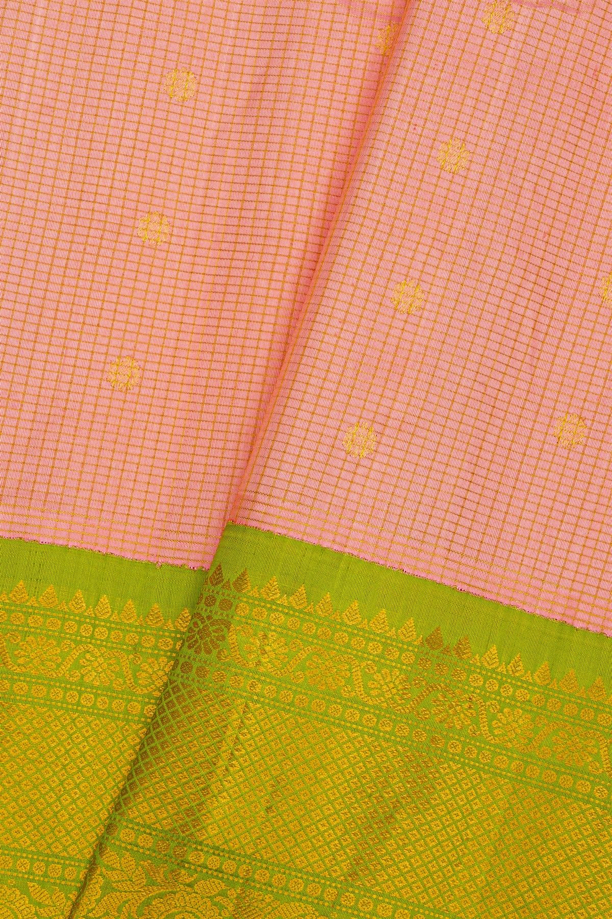Gadwal Silk Peach Saree Buttis Body With Florals And Mango Paisleys Contrast Border