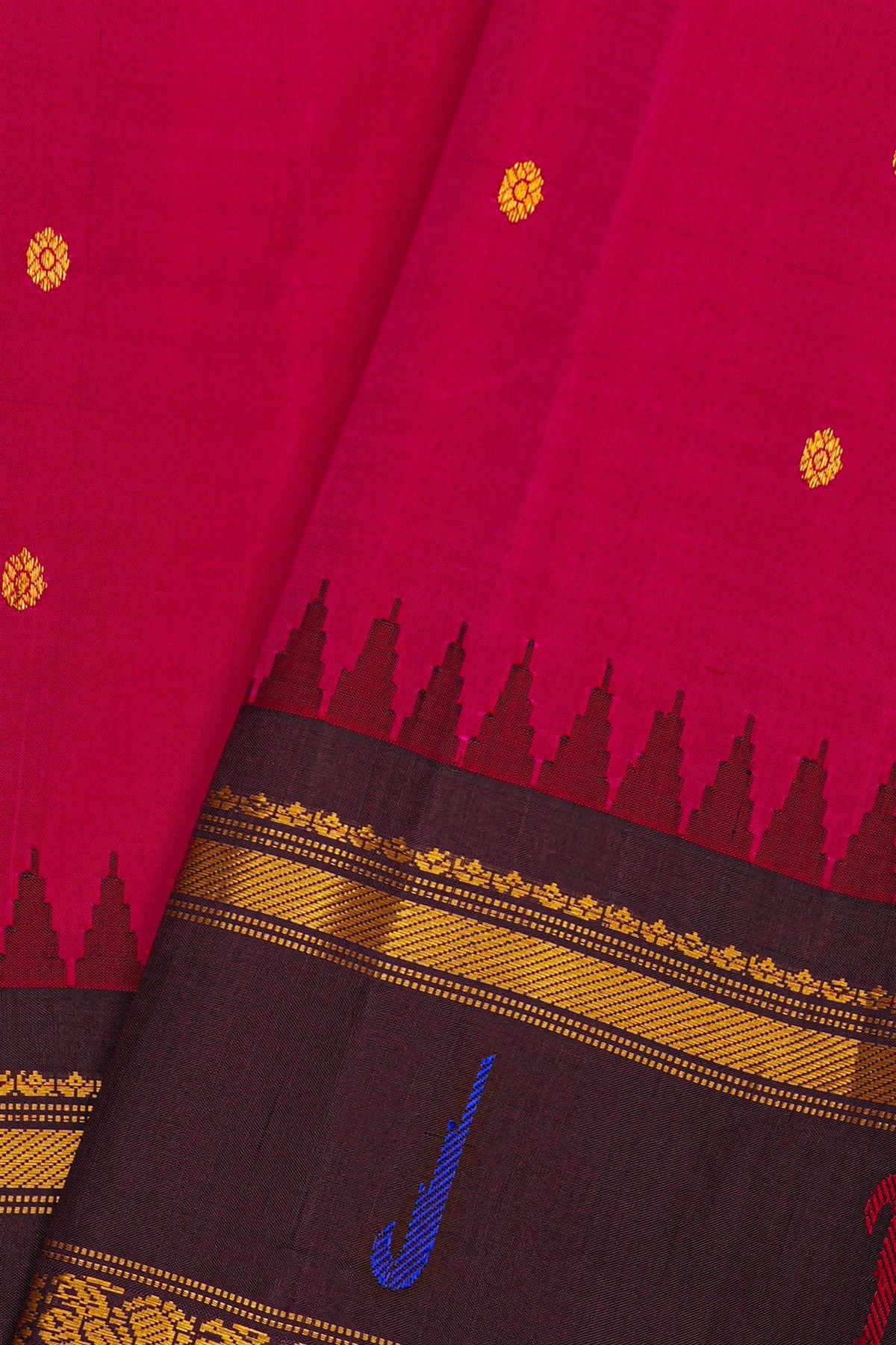 Gadwal Silk Dark Pink Saree With Buttis Body And Muniya And Peacock Border