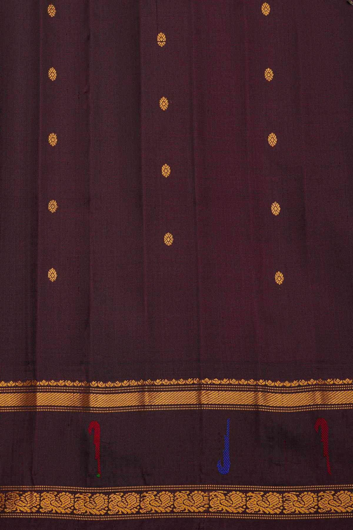 Gadwal Silk Dark Pink Saree With Buttis Body And Muniya And Peacock Border