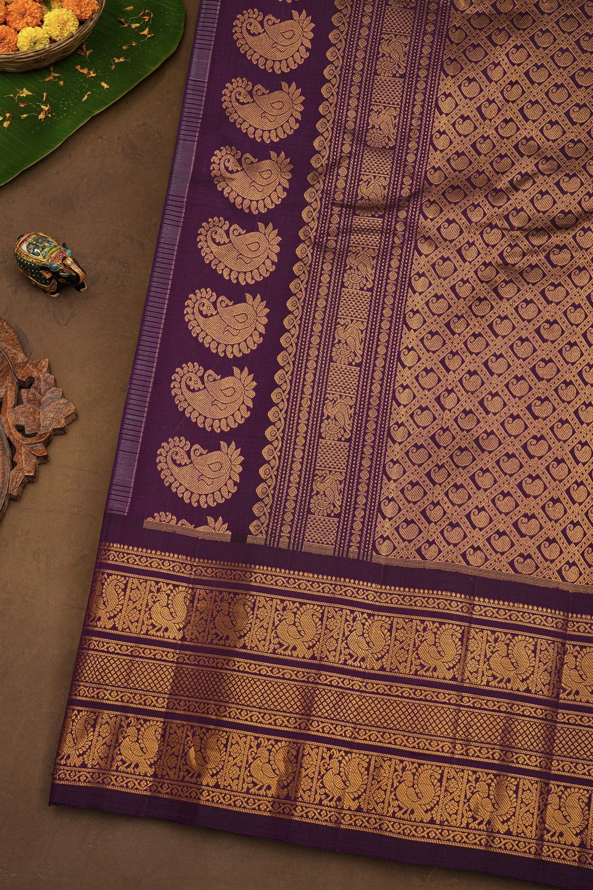 Gadwal Silk Sky Blue Saree With Rudraksha Buttis Body And Peacock Buttis Contrast Border