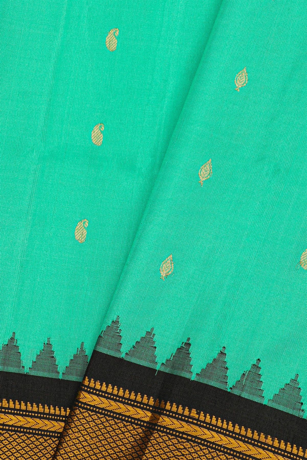 Gadwal Silk Turquoise Blue Saree With Buttis Body And Contrast Kaddi Border