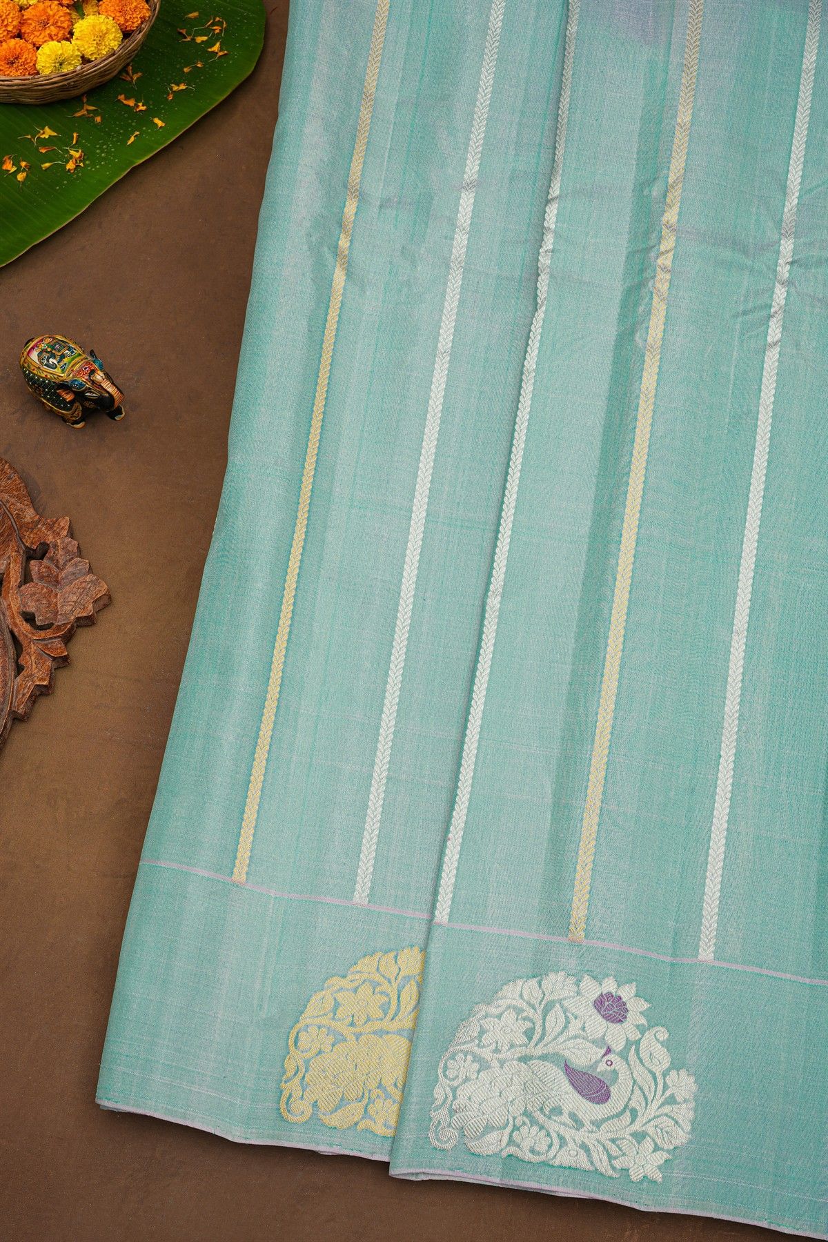 Gadwal Silk Ice Blue Saree With Florals In Lines