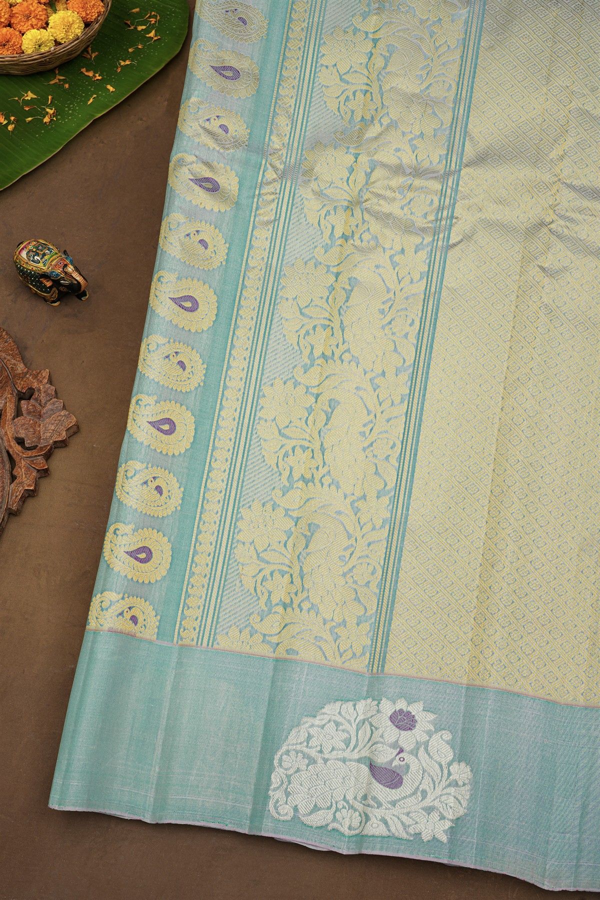 Gadwal Silk Ice Blue Saree With Florals In Lines