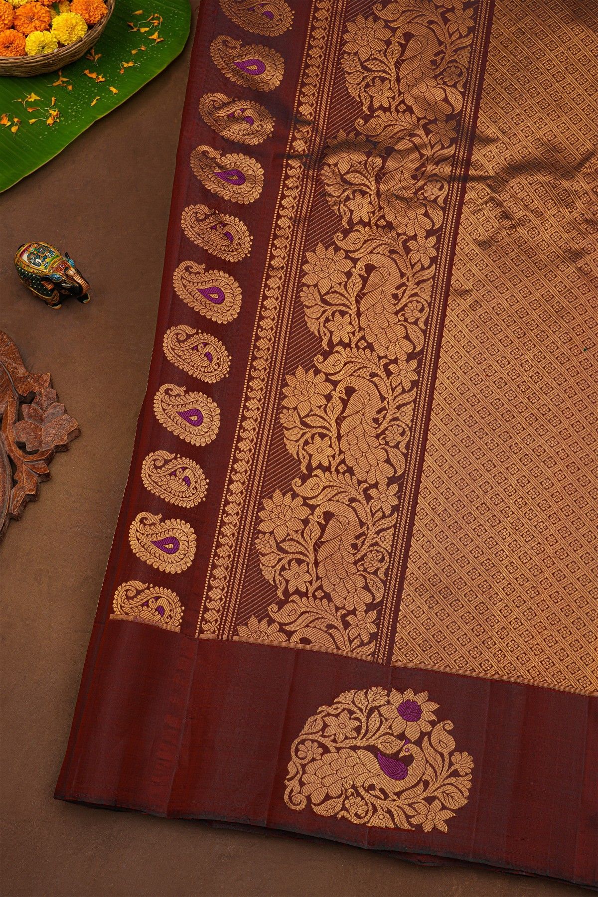 Gadwal Silk Dark Brown Saree With Floral Brocade Pallu