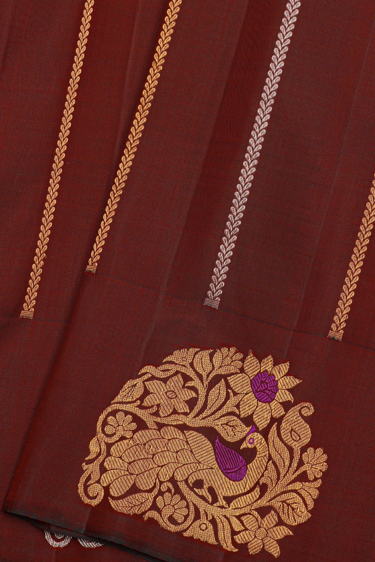 Gadwal Silk Dark Brown Saree With Floral Brocade Pallu