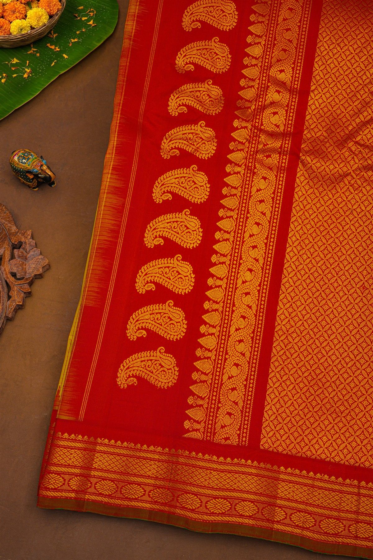 Gadwal Silk Yellow Saree With Diamonds And Florals With Temples Border