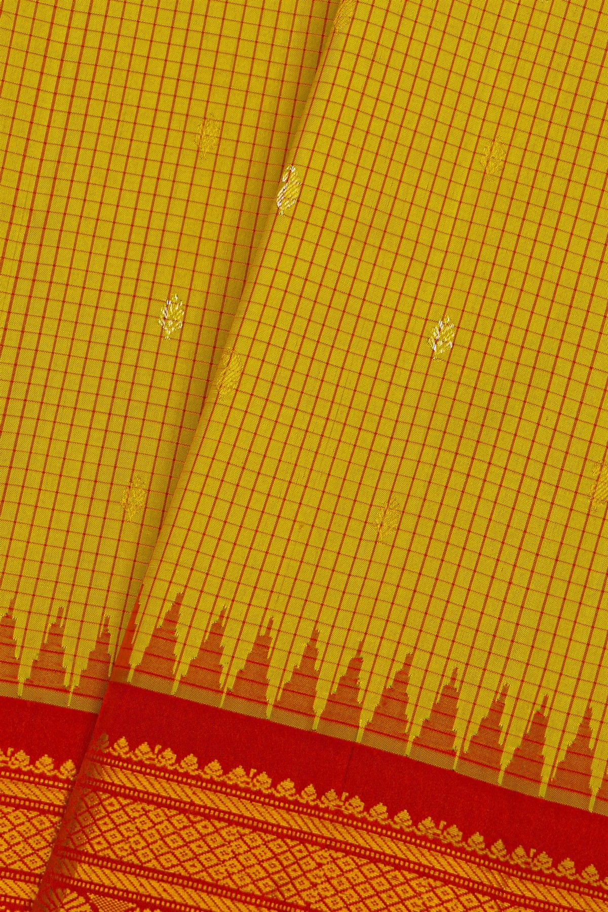 Gadwal Silk Yellow Saree With Diamonds And Florals With Temples Border
