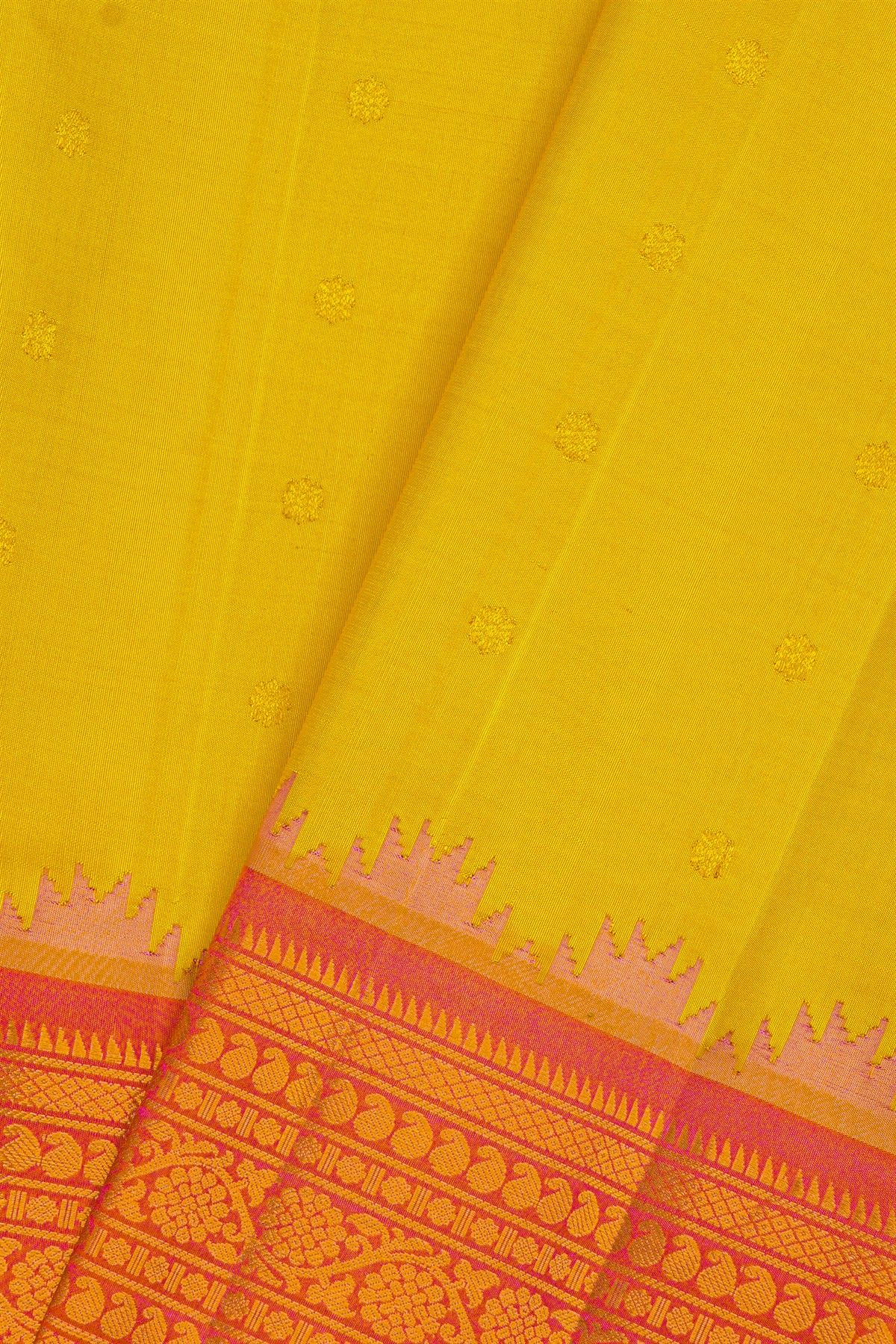 Gadwal Silk Yellow Saree With Buttis Body And Florals And Mango Paisleys Contrast Border