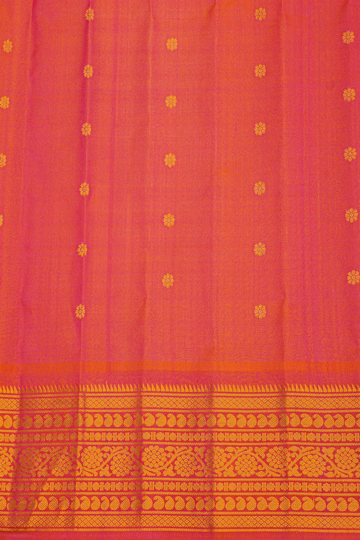 Gadwal Silk Yellow Saree With Buttis Body And Florals And Mango Paisleys Contrast Border
