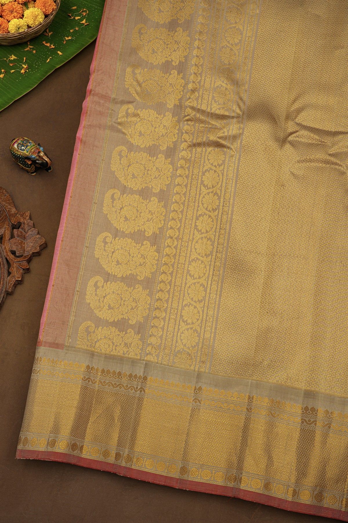 Gadwal Silk Peach Saree With Mango Paisleys Body And Rudraksha Buttis Contrast Border