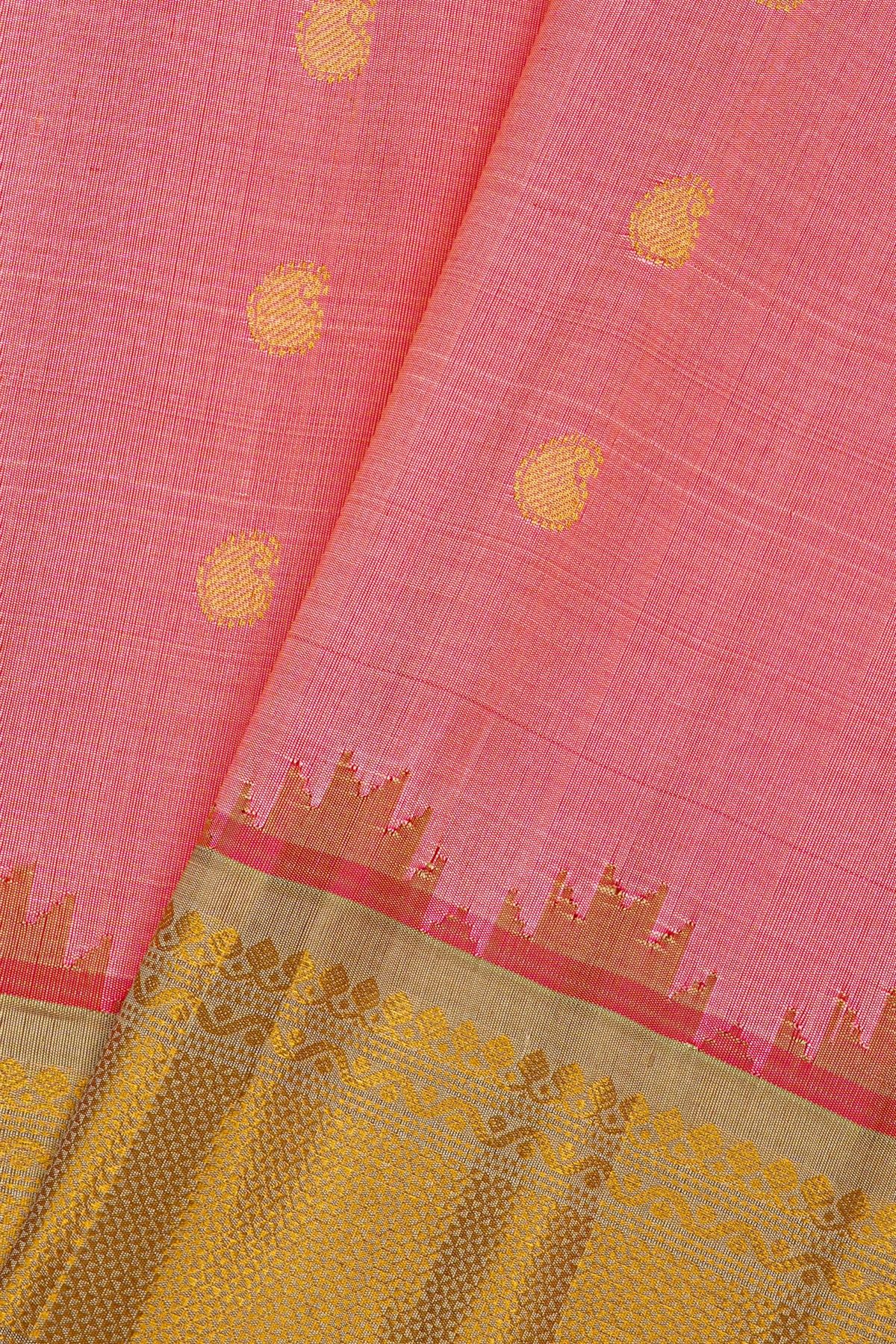 Gadwal Silk Peach Saree With Mango Paisleys Body And Rudraksha Buttis Contrast Border