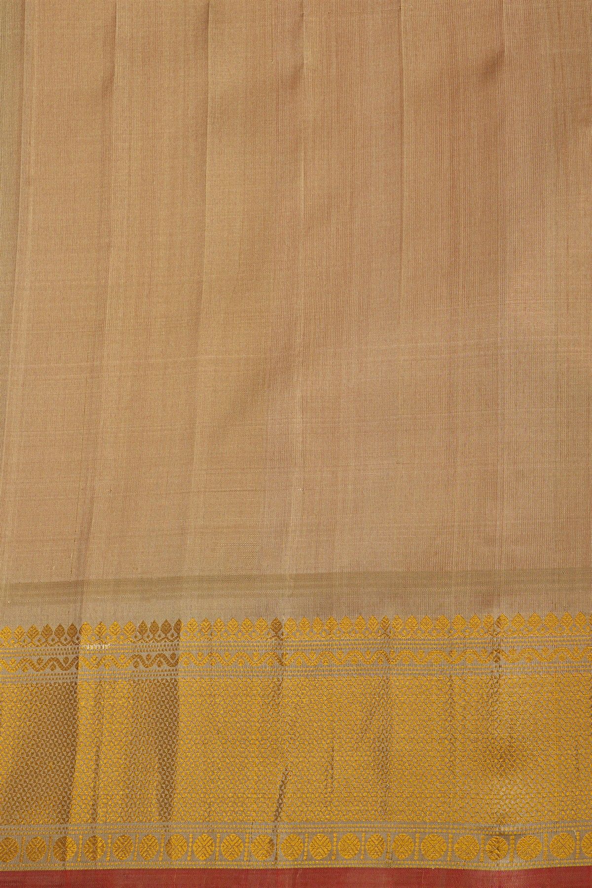 Gadwal Silk Peach Saree With Mango Paisleys Body And Rudraksha Buttis Contrast Border