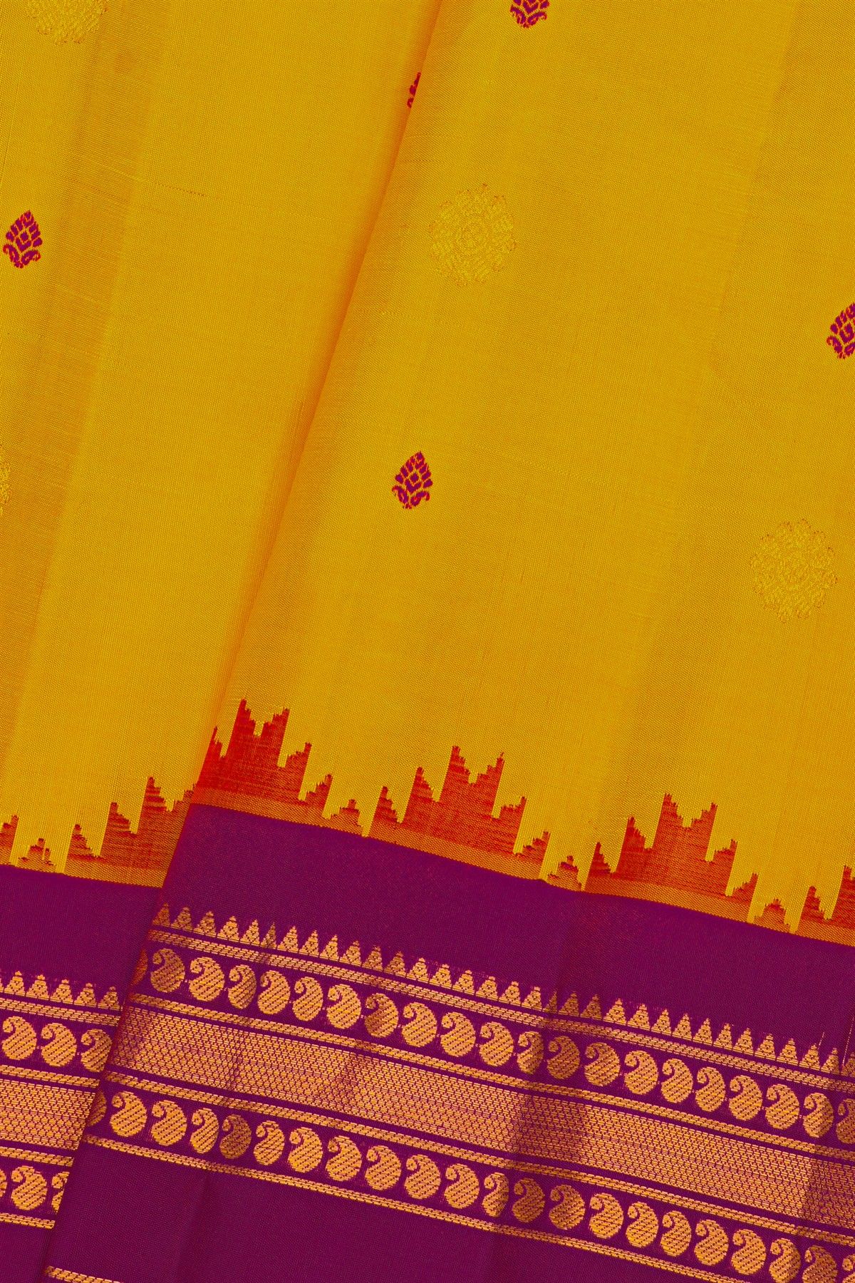 Gadwal Silk Yellow Saree With Buttis Body And Contrast Mango Paisley Border