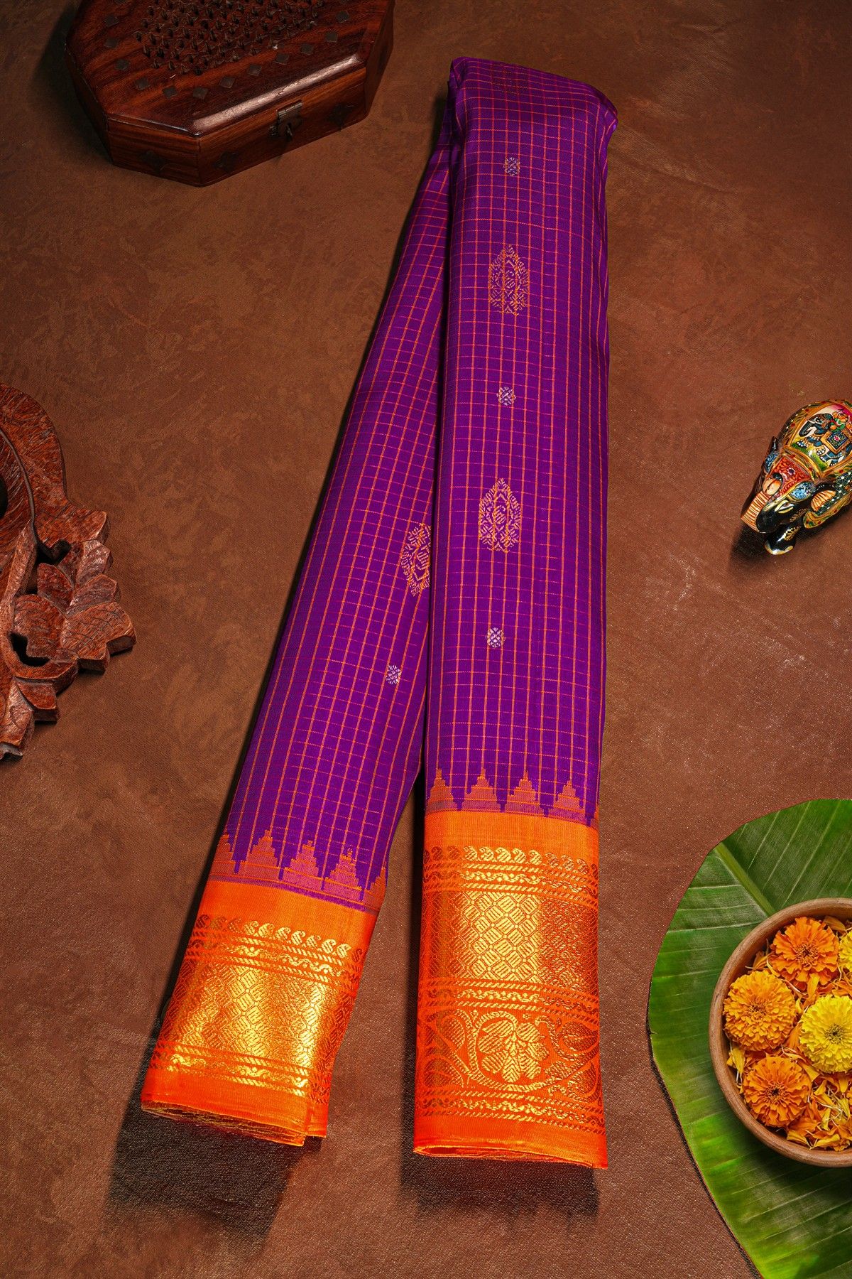 Gadwal Silk Violet Saree With Mango Paisley Body And Contrast Florals Border