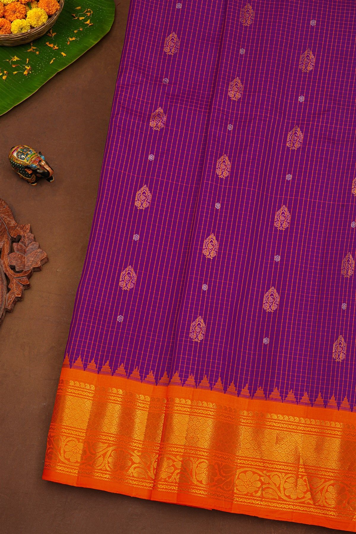 Gadwal Silk Violet Saree With Mango Paisley Body And Contrast Florals Border