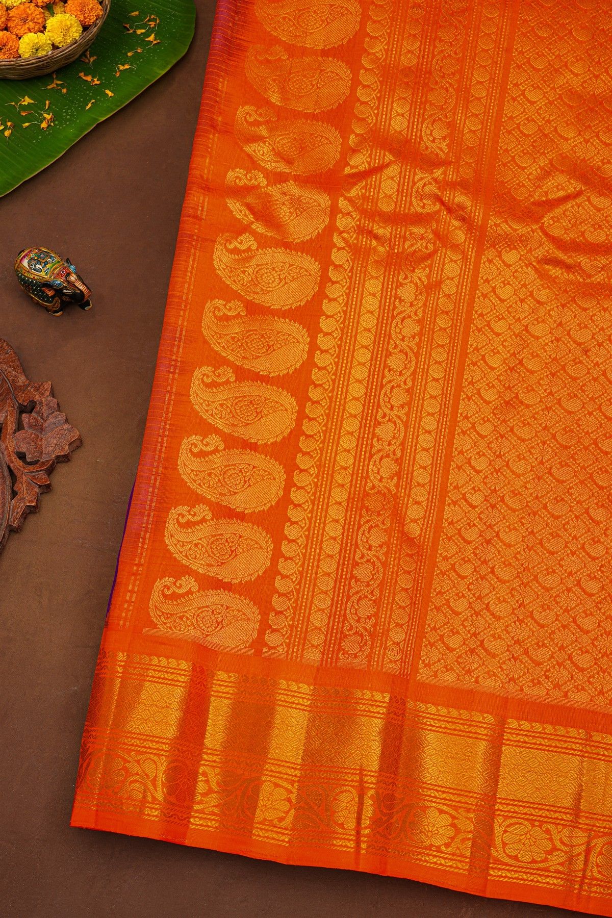 Gadwal Silk Violet Saree With Mango Paisley Body And Contrast Florals Border