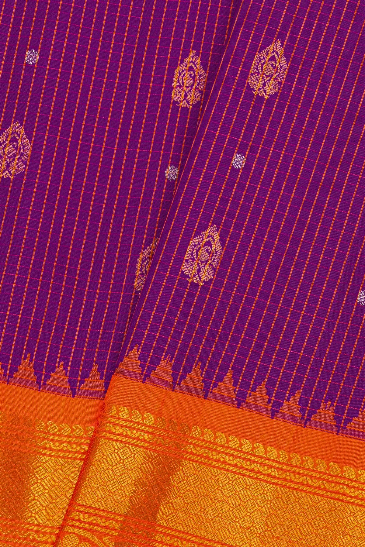 Gadwal Silk Violet Saree With Mango Paisley Body And Contrast Florals Border