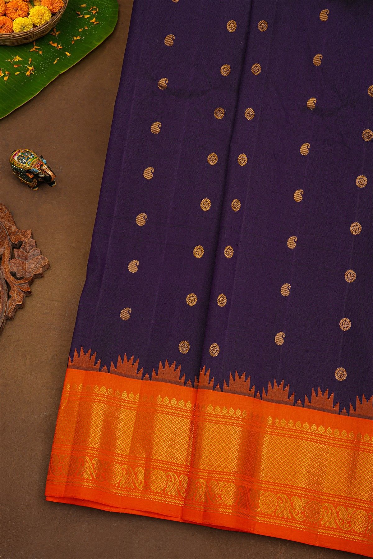 Gadwal Silk Violet Saree With Florals And Mango Paisleys Border