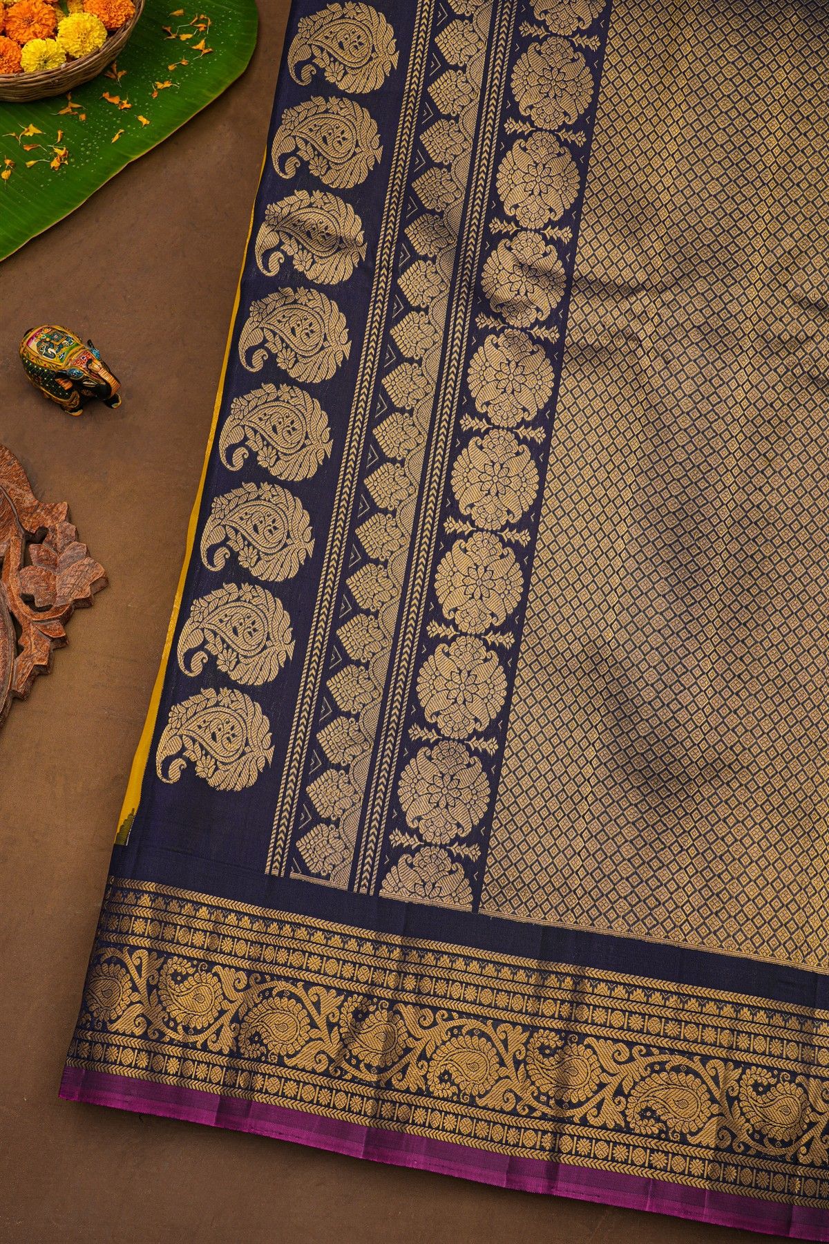 Gadwal Silk Mustard Saree With Florals And Leaves Jaal Border