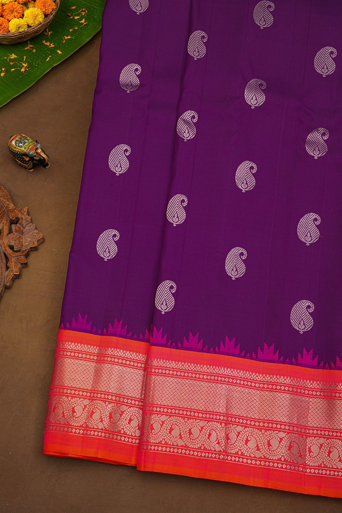 Gadwal Silk Purple Saree With Florals And Diamonds In Zari Border
