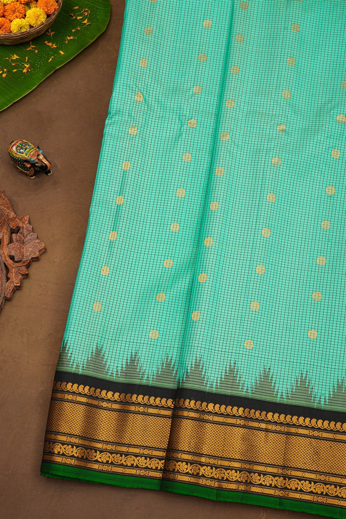 Gadwal Silk Sky Blue Saree With Florals And Diamonds Border