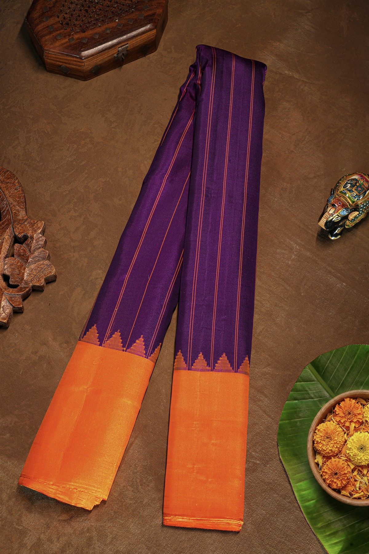 Gadwal Silk Purple Saree With Lines Body And Contrast Temple Border