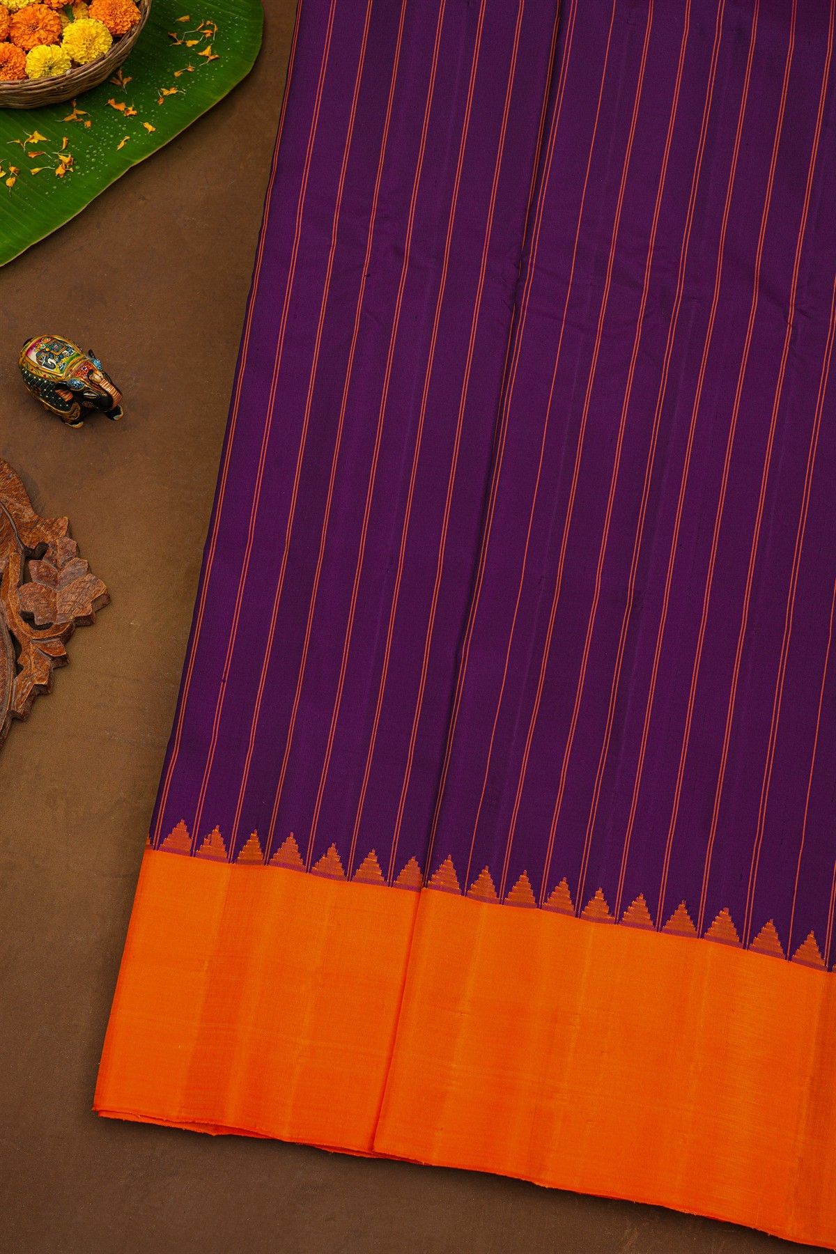 Gadwal Silk Purple Saree With Lines Body And Contrast Temple Border