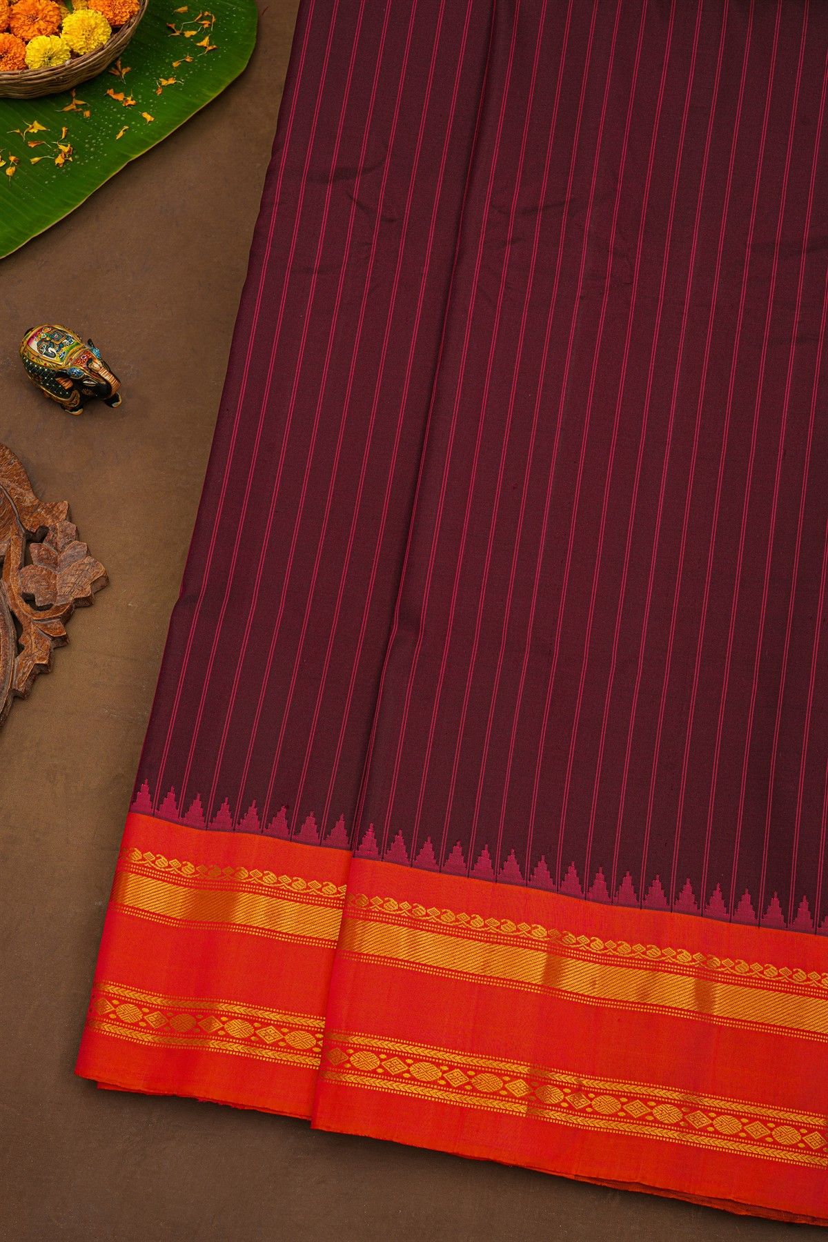 Gadwal Silk Wine Saree With Lines Body And Contrast Mango Paisley Border