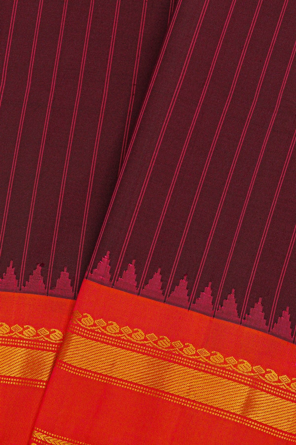 Gadwal Silk Wine Saree With Lines Body And Contrast Mango Paisley Border