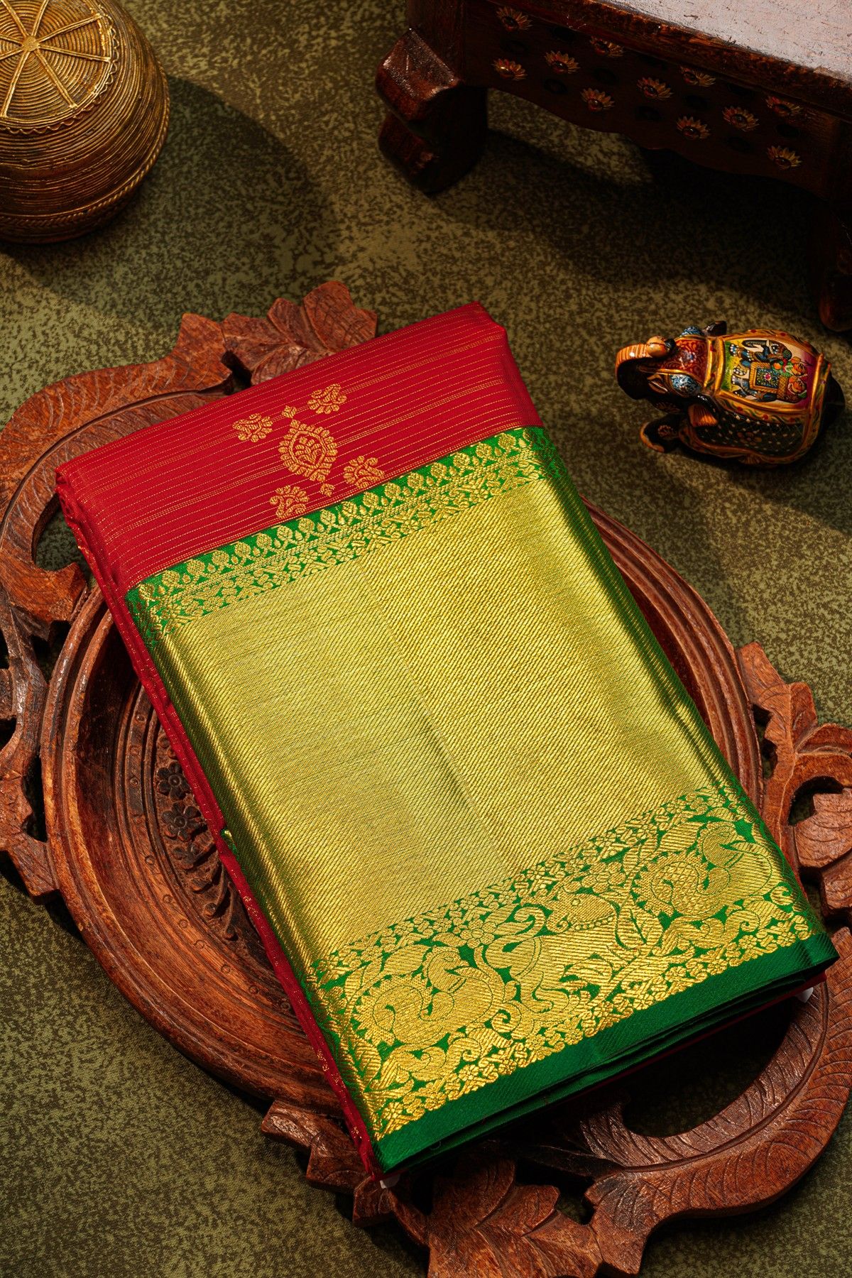 Kancheepuram Silk Red Saree With Vairavoosi Lines Body And Traditional Contrast Border