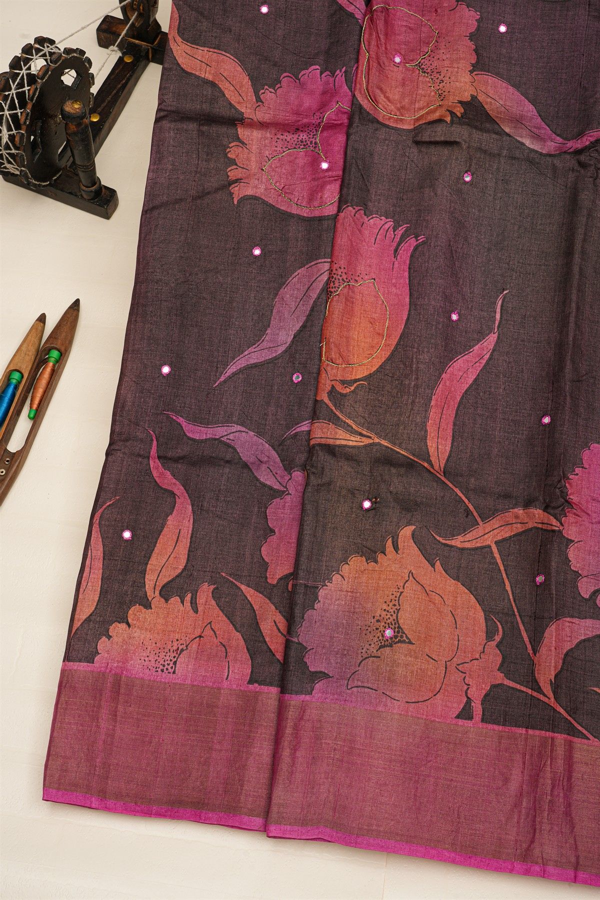 Fancy Tussar Black Saree With Kaddi Border