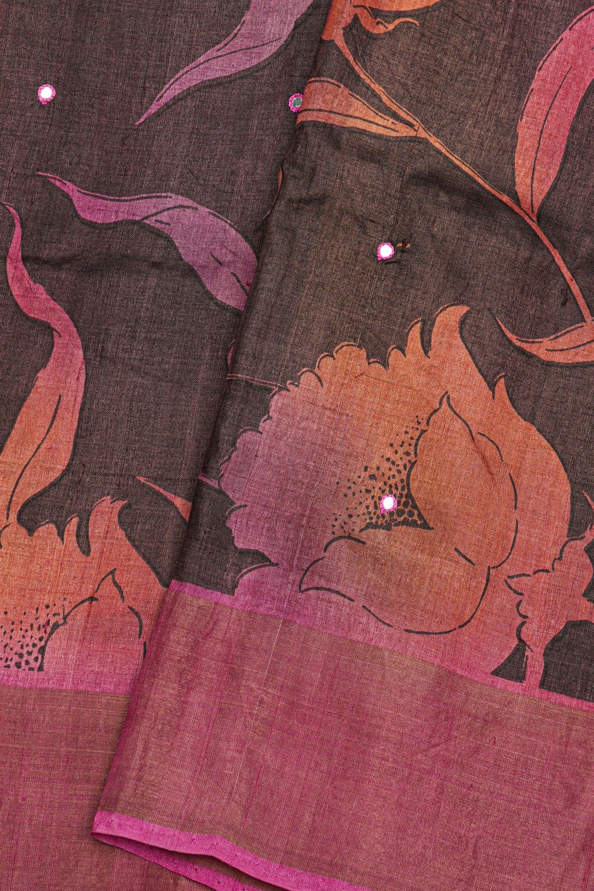 Fancy Tussar Black Saree With Kaddi Border