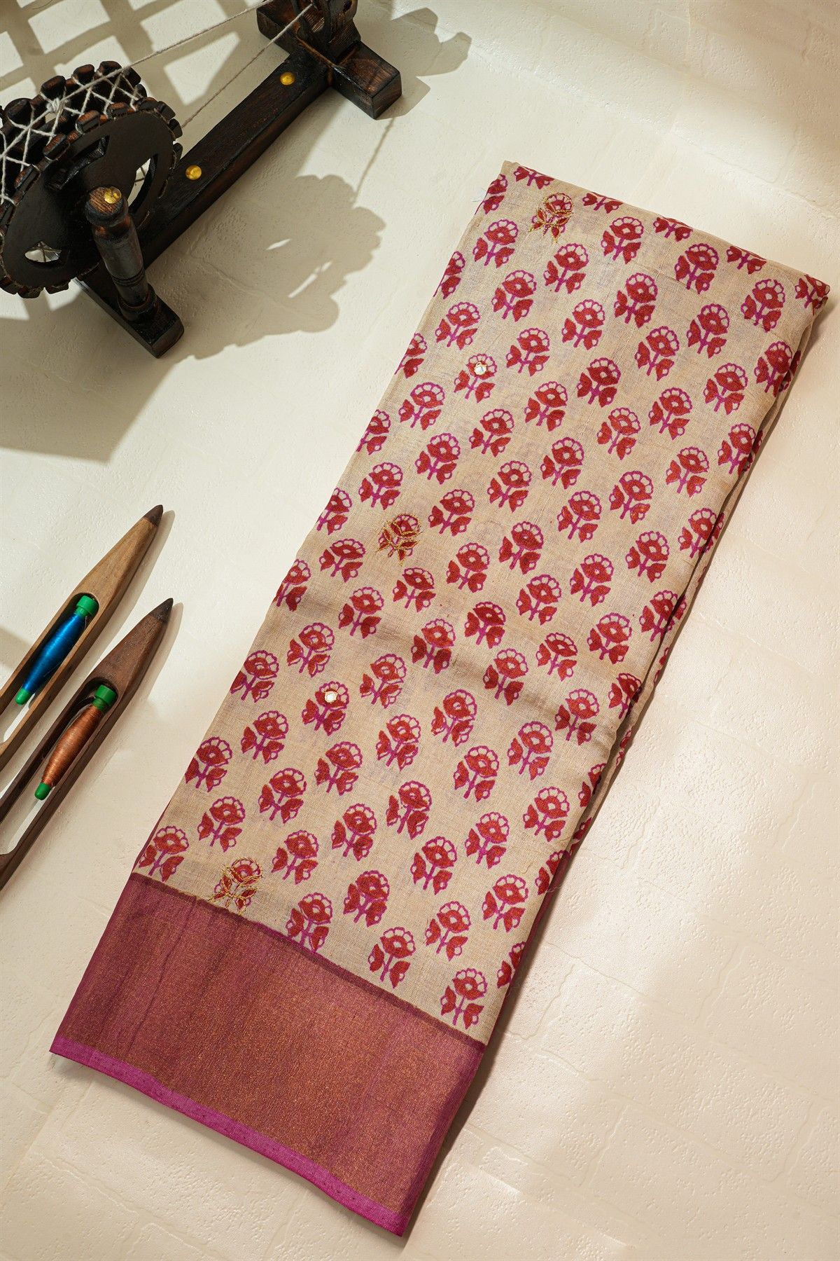 Fancy Tussar Cream Saree With Kaddi Border