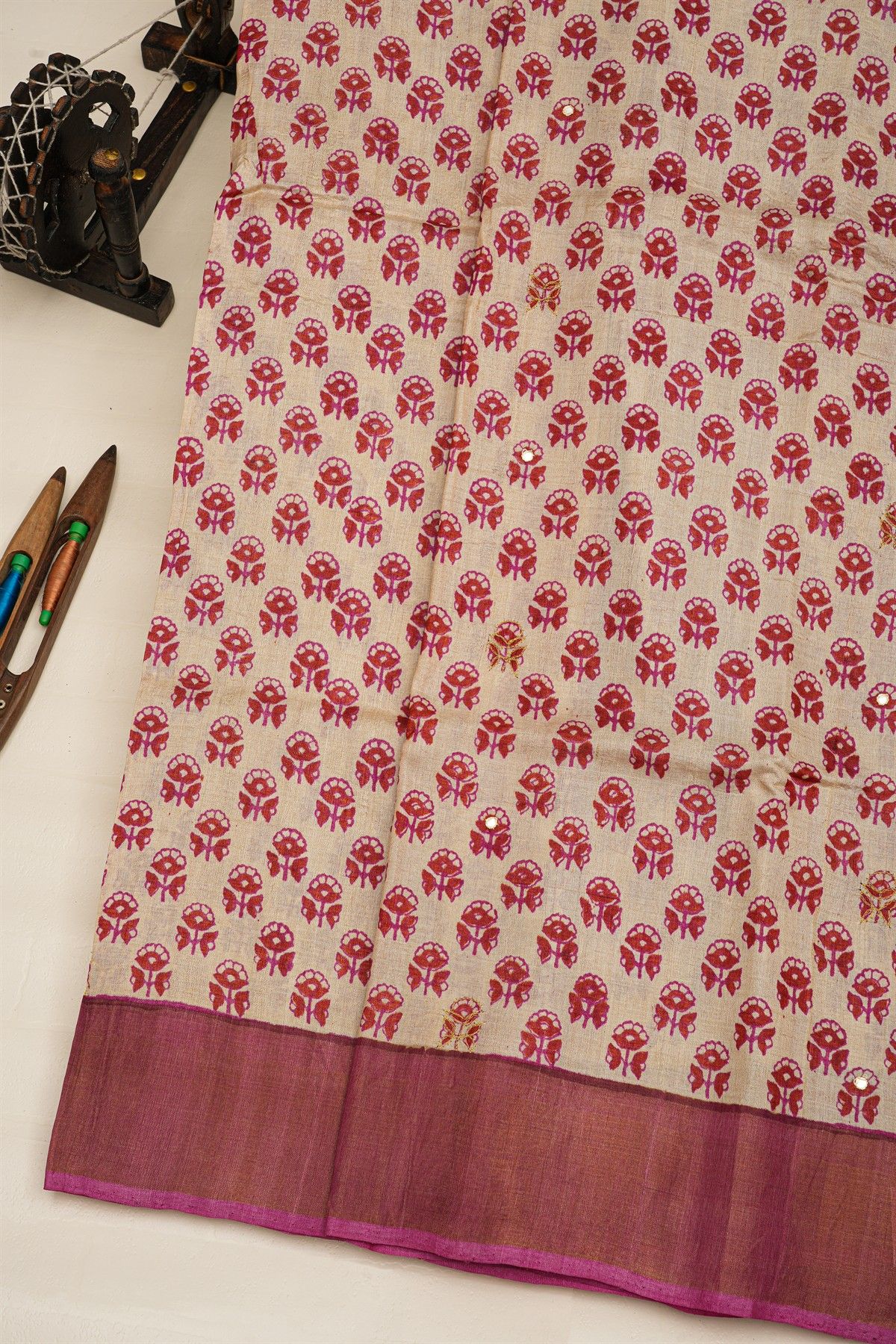 Fancy Tussar Cream Saree With Kaddi Border