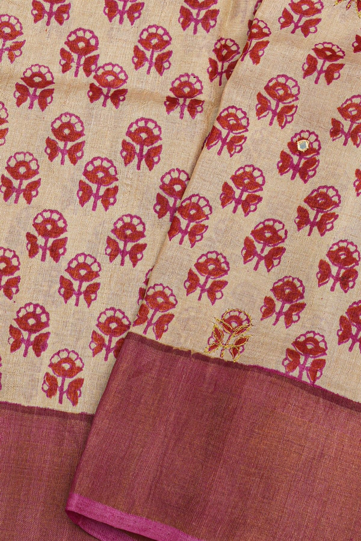 Fancy Tussar Cream Saree With Kaddi Border