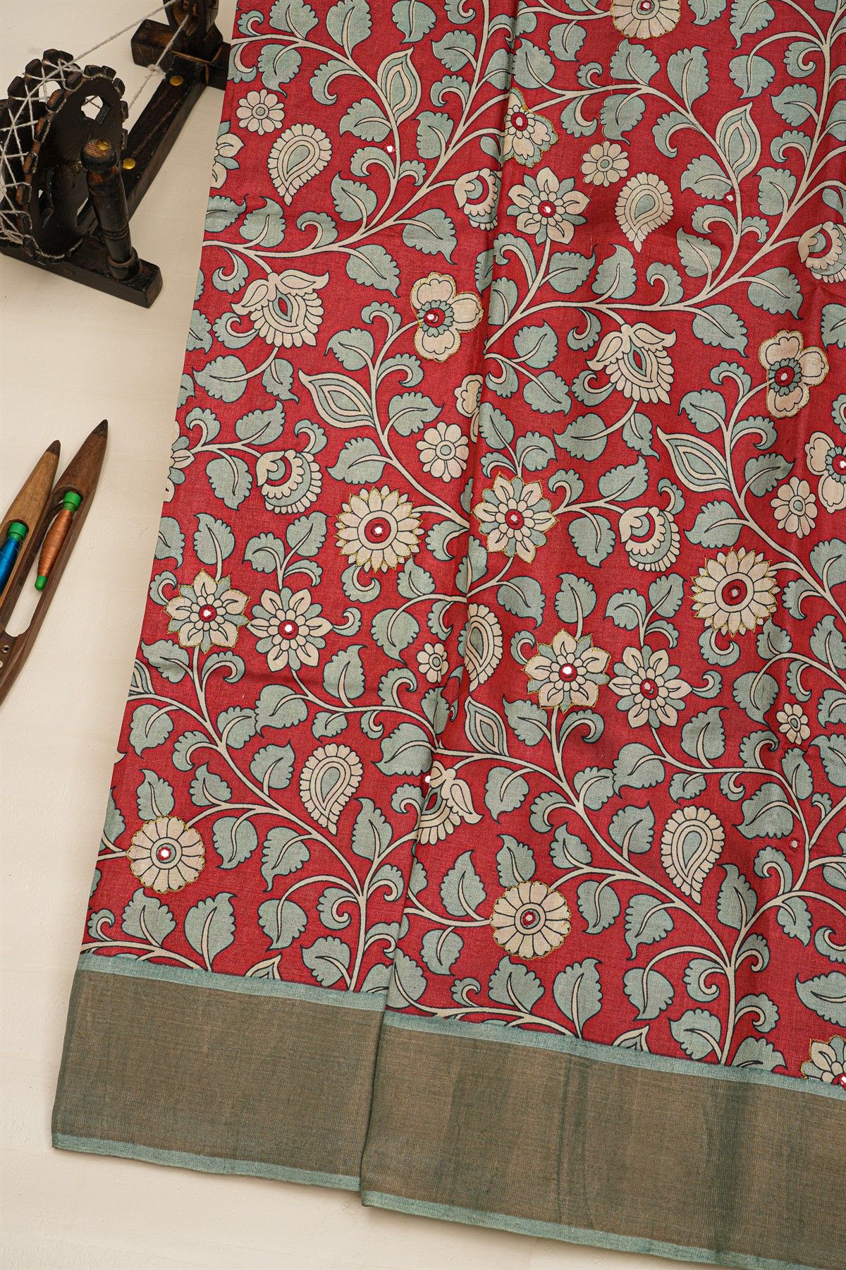 Fancy Tussar Red Saree With Kaddi Border
