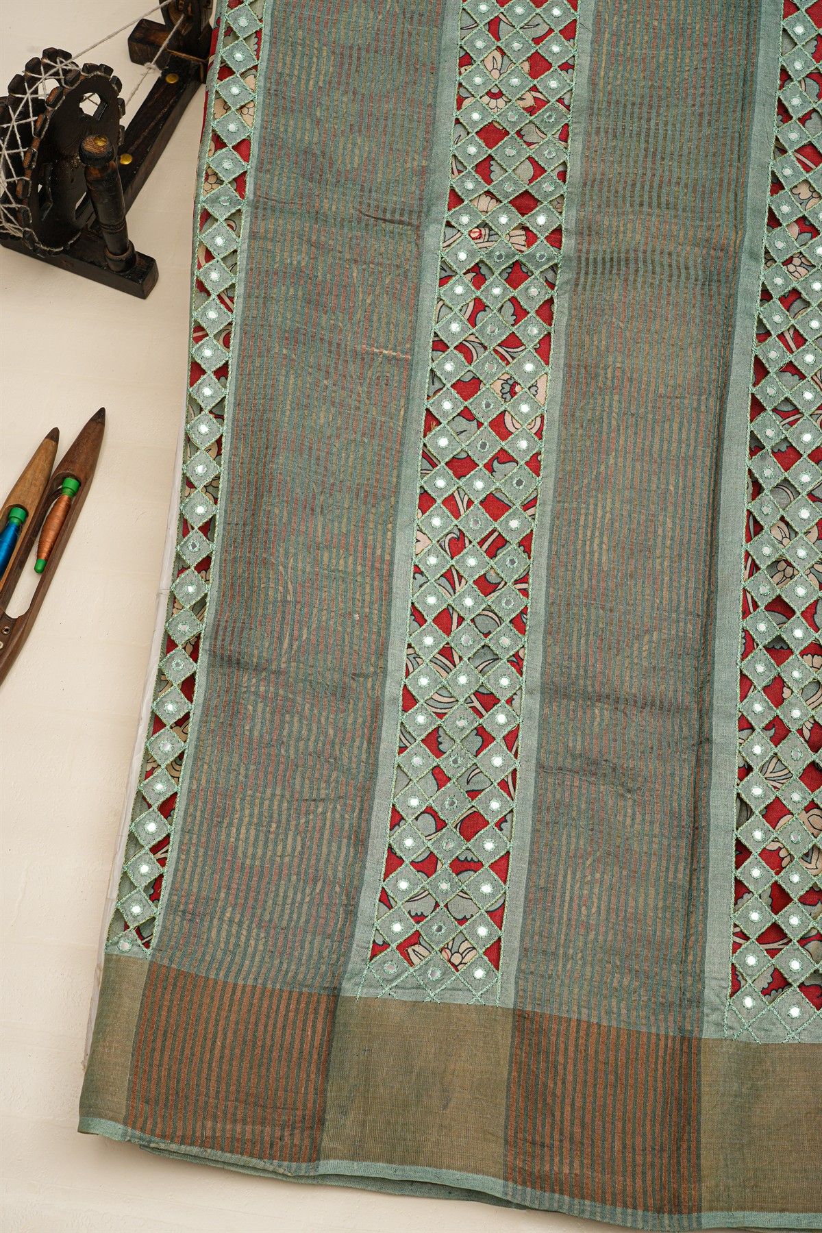 Fancy Tussar Red Saree With Kaddi Border