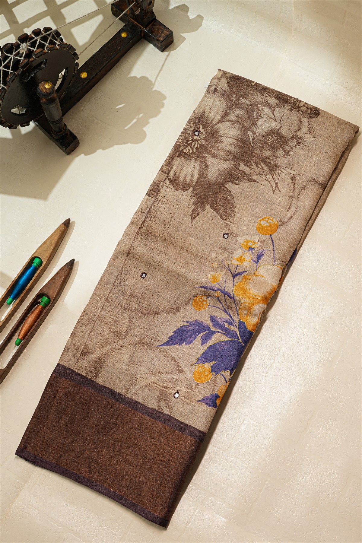 Fancy Tussar Beige Saree With Mirror And Cut Work Pallu
