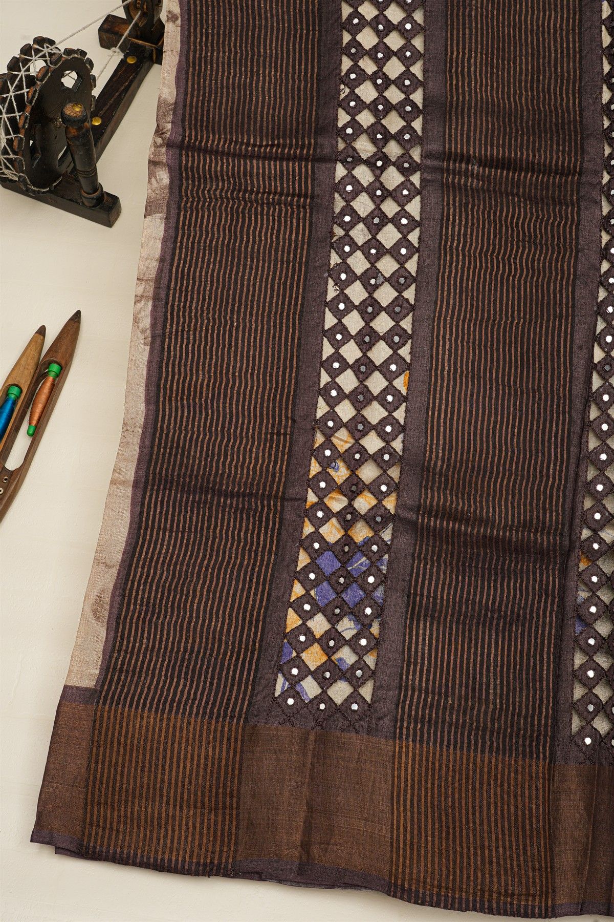 Fancy Tussar Beige Saree With Mirror And Cut Work Pallu