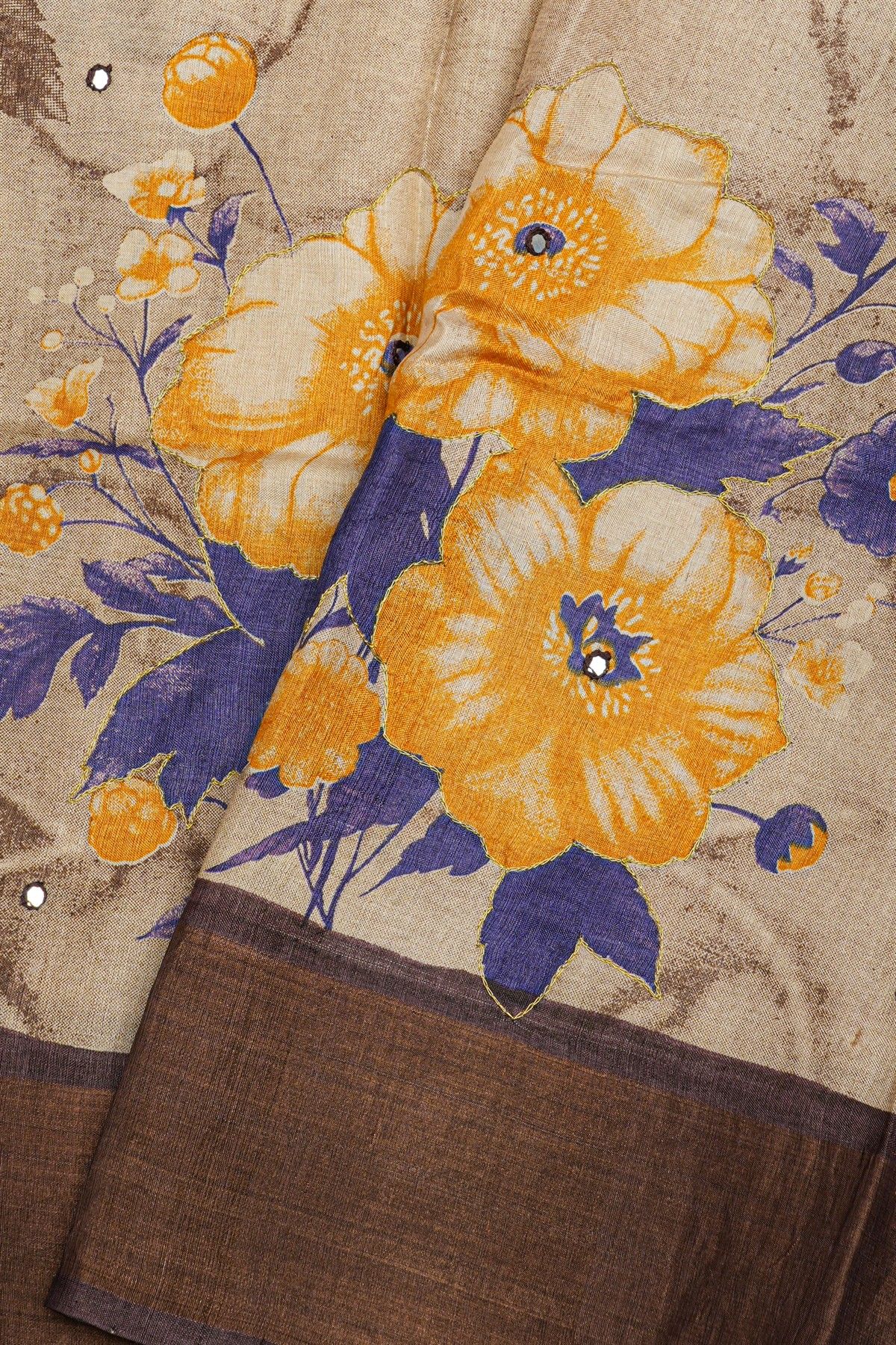 Fancy Tussar Beige Saree With Mirror And Cut Work Pallu