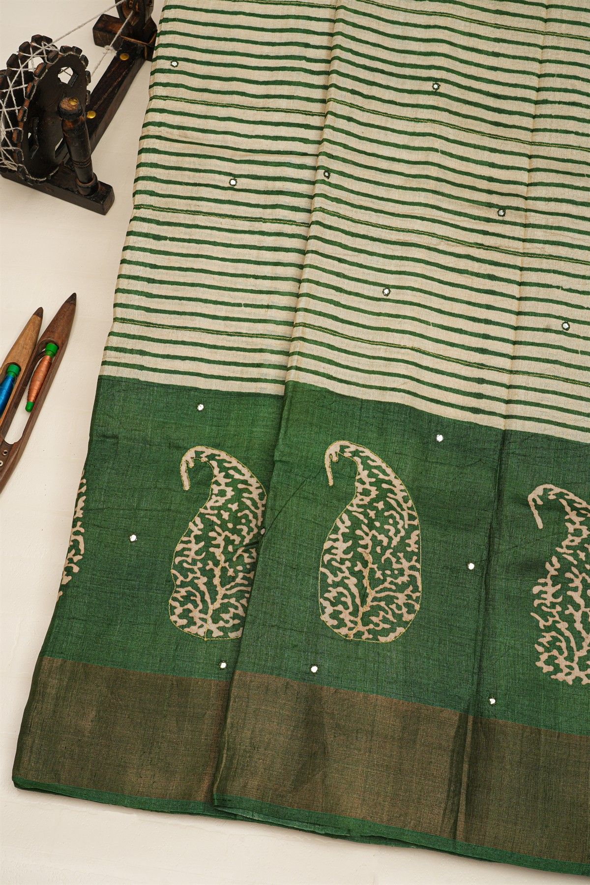 Fancy Tussar Multi-Colour Saree With Mirror And Cut Work Pallu