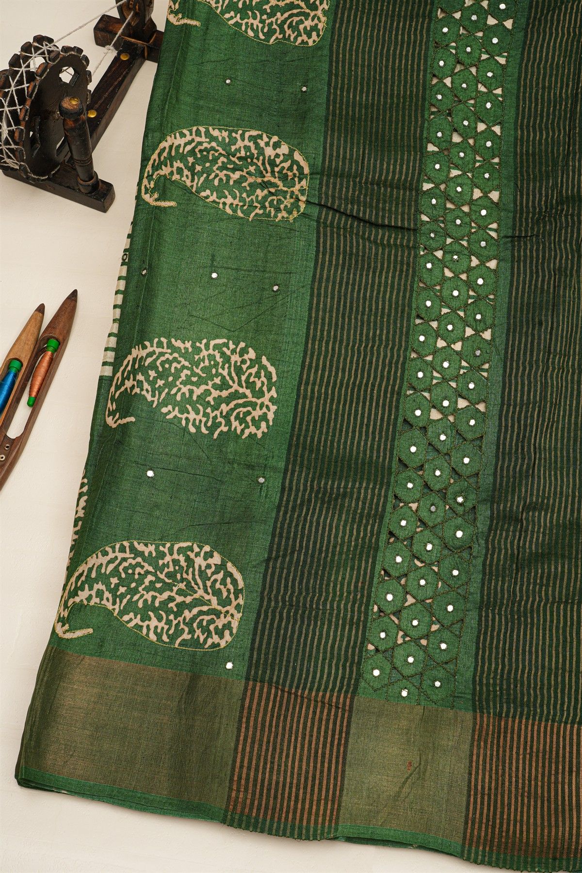 Fancy Tussar Multi-Colour Saree With Mirror And Cut Work Pallu