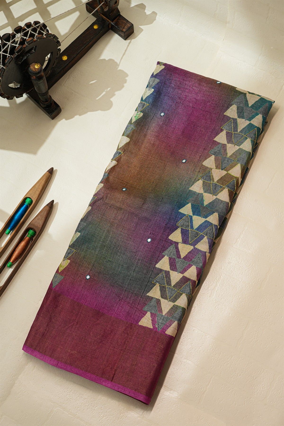 Fancy Tussar Multi-Colour Saree With Mirror And Cut Work Pallu