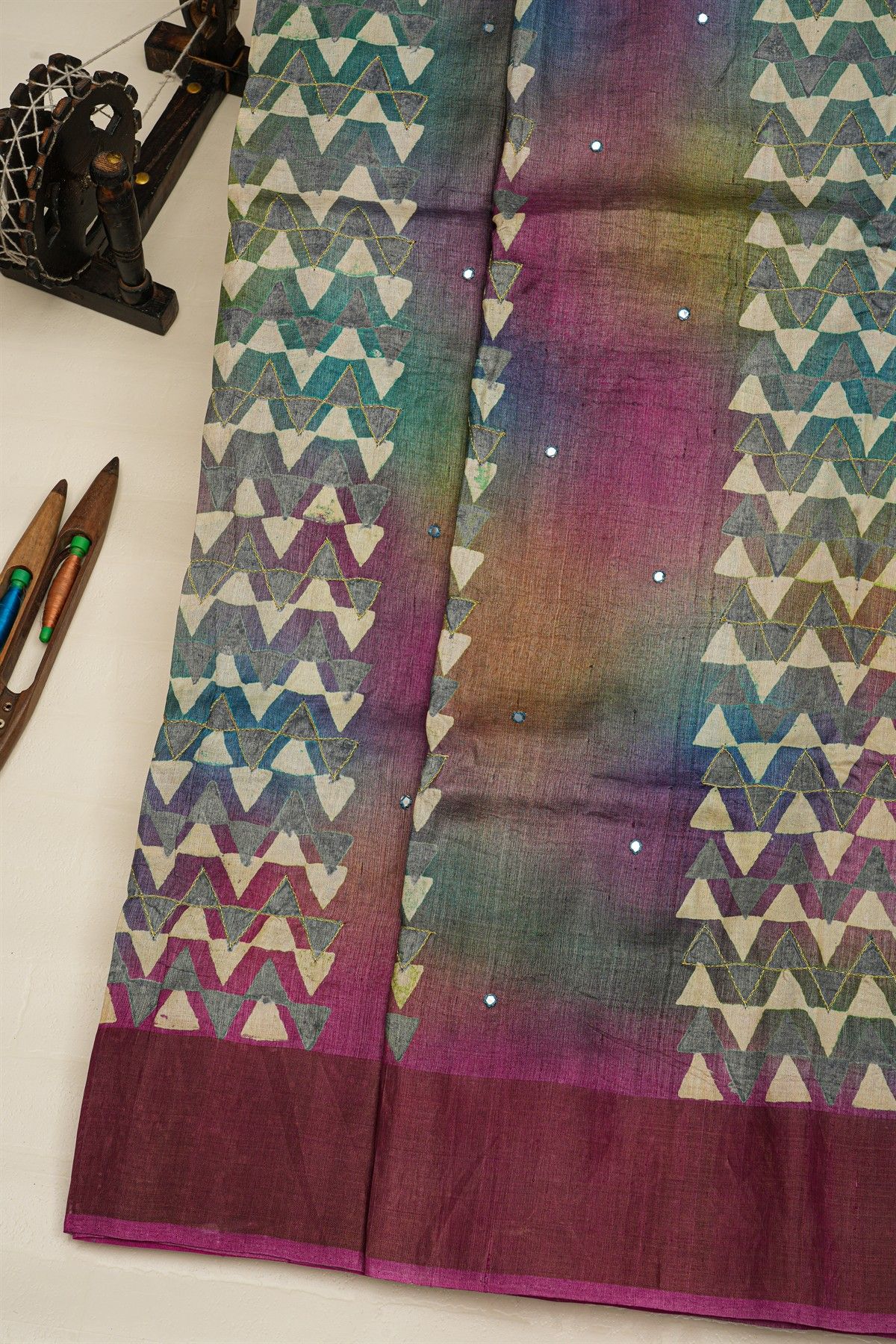 Fancy Tussar Multi-Colour Saree With Mirror And Cut Work Pallu