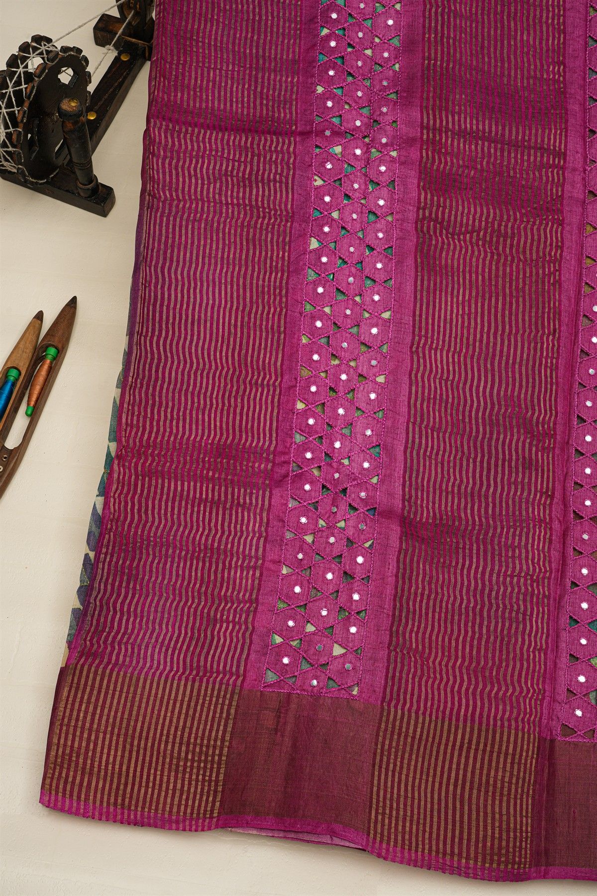 Fancy Tussar Multi-Colour Saree With Mirror And Cut Work Pallu