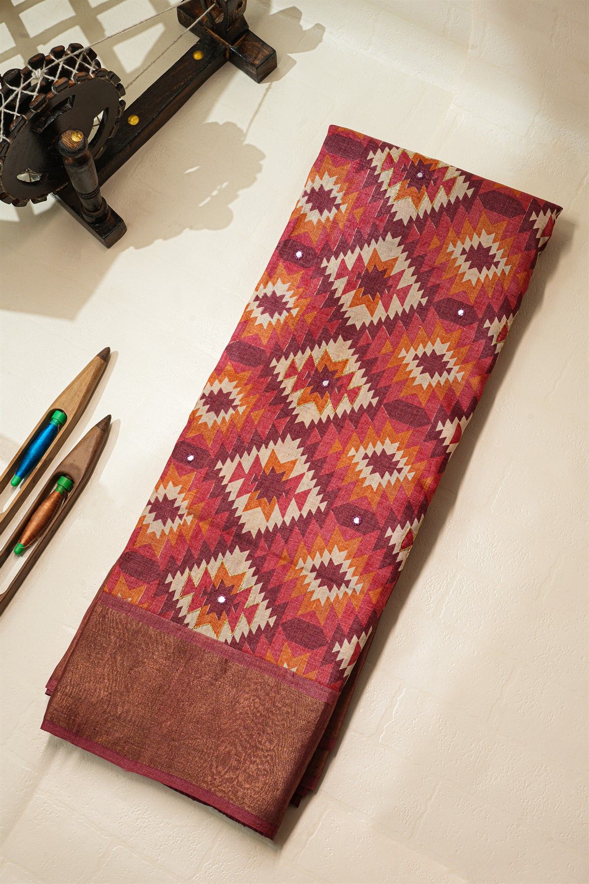 Fancy Tussar Multi-Colour Saree With Mirror And Cut Work Pallu