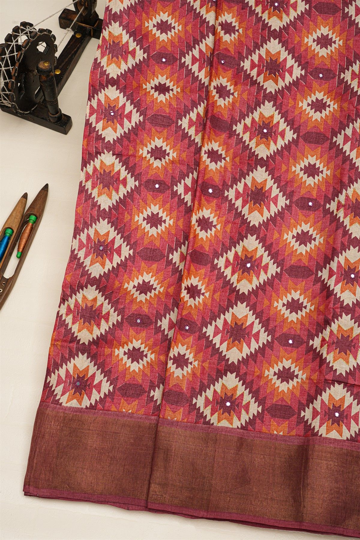 Fancy Tussar Multi-Colour Saree With Mirror And Cut Work Pallu