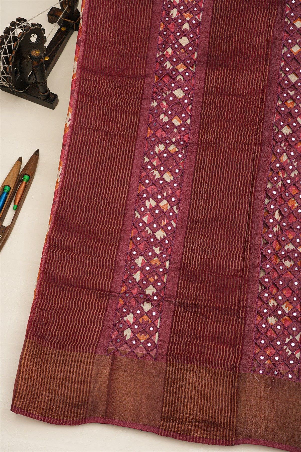 Fancy Tussar Multi-Colour Saree With Mirror And Cut Work Pallu