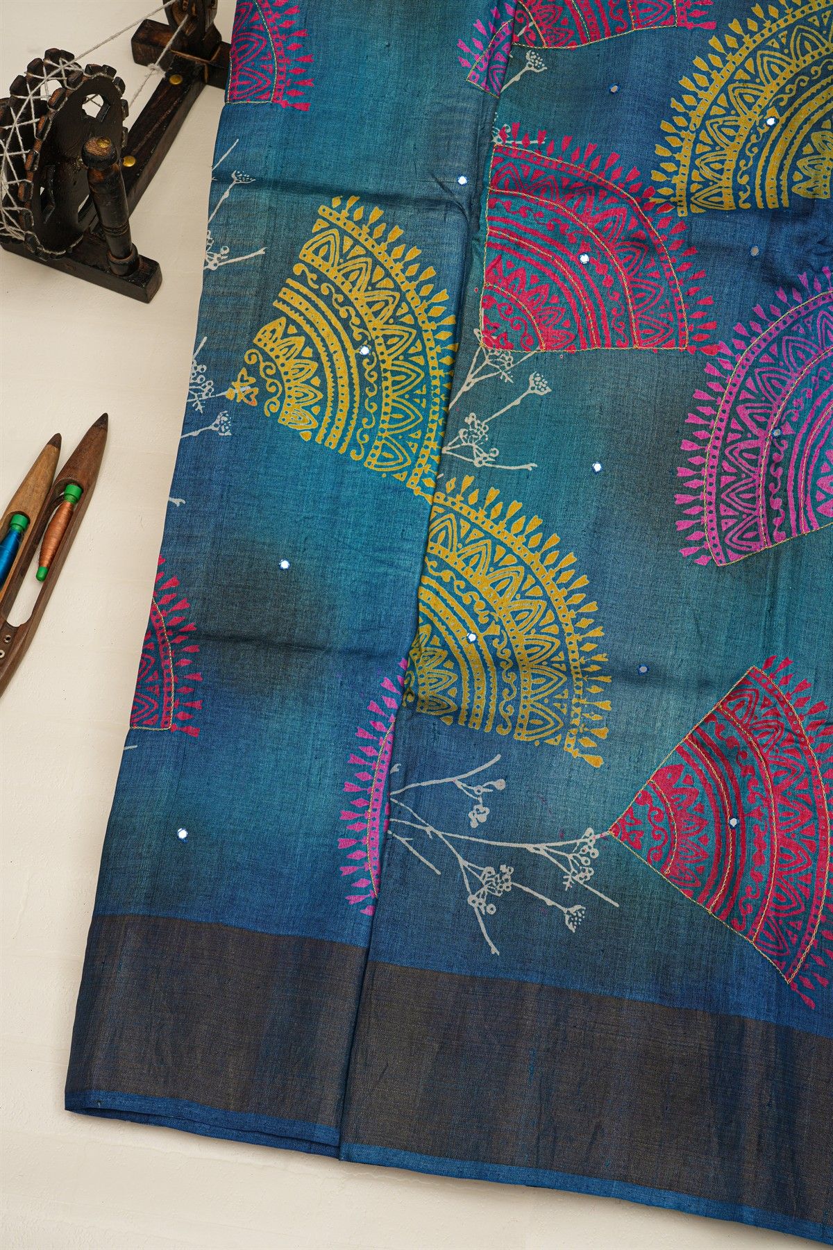 Fancy Tussar Dual Colour Saree With Mirror And Cut Work Pallu